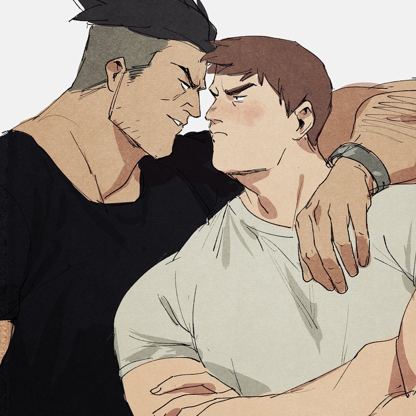 2boys 42nkooon afterglow arm_around_shoulder bara blush couple darius_(league_of_legends) eye_contact from_side garen_(league_of_legends) league_of_legends looking_at_another mature_male multiple_boys muscular muscular_male profile shirt sparse_arm_hair sparse_stubble t-shirt thick_eyebrows yaoi