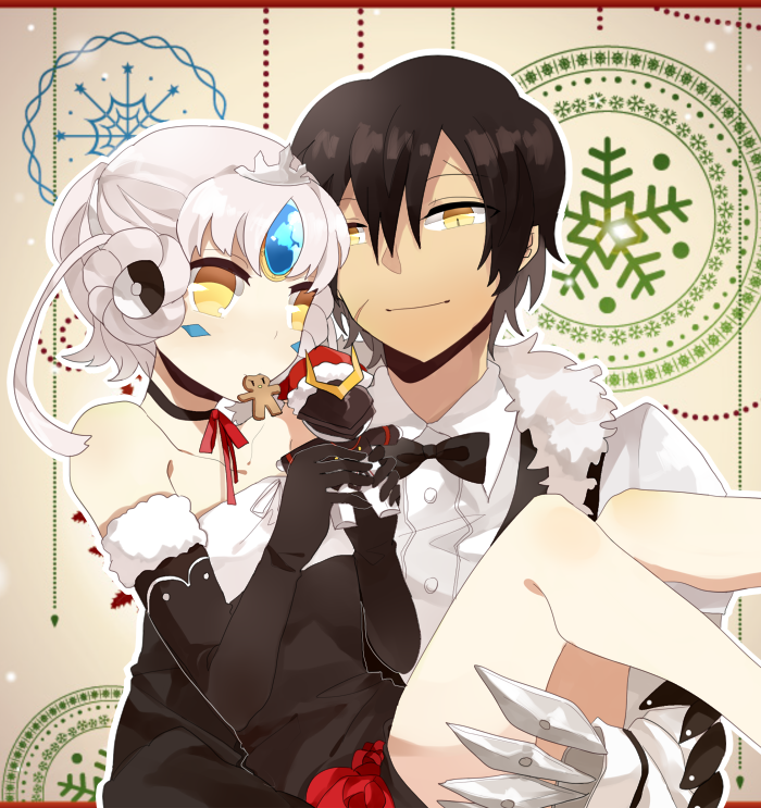 1boy 1girl alternate_costume bare_shoulders black_bow black_bowtie black_choker black_dress black_hair bow bowtie braid carrying choker christmas code:_empress_(elsword) cookie dark_skin detached_sleeves doll dress eating elsword eve_(elsword) facial_mark food forehead_jewel grey_hair hair_ears mechanical_arms oberon_(elsword) princess_carry raven_cronwell robot_ears sakuraihum shirt short_hair single_mechanical_arm smile snowflakes white_hair yellow_eyes