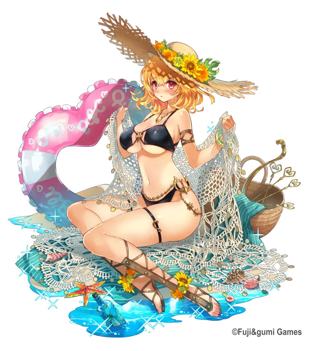 1girl ankle_lace-up basket belly_chain bikini blonde_hair blush bottle breasts cleavage company_name eros_(phantom_of_the_kill) female_focus flower full_body hat innertube jewelry large_breasts necklace net official_art phantom_of_the_kill red_eyes sand sandals seashell shawl shell shiny_skin short_hair sitting skindentation solo starfish straw_hat swim_ring swimsuit water