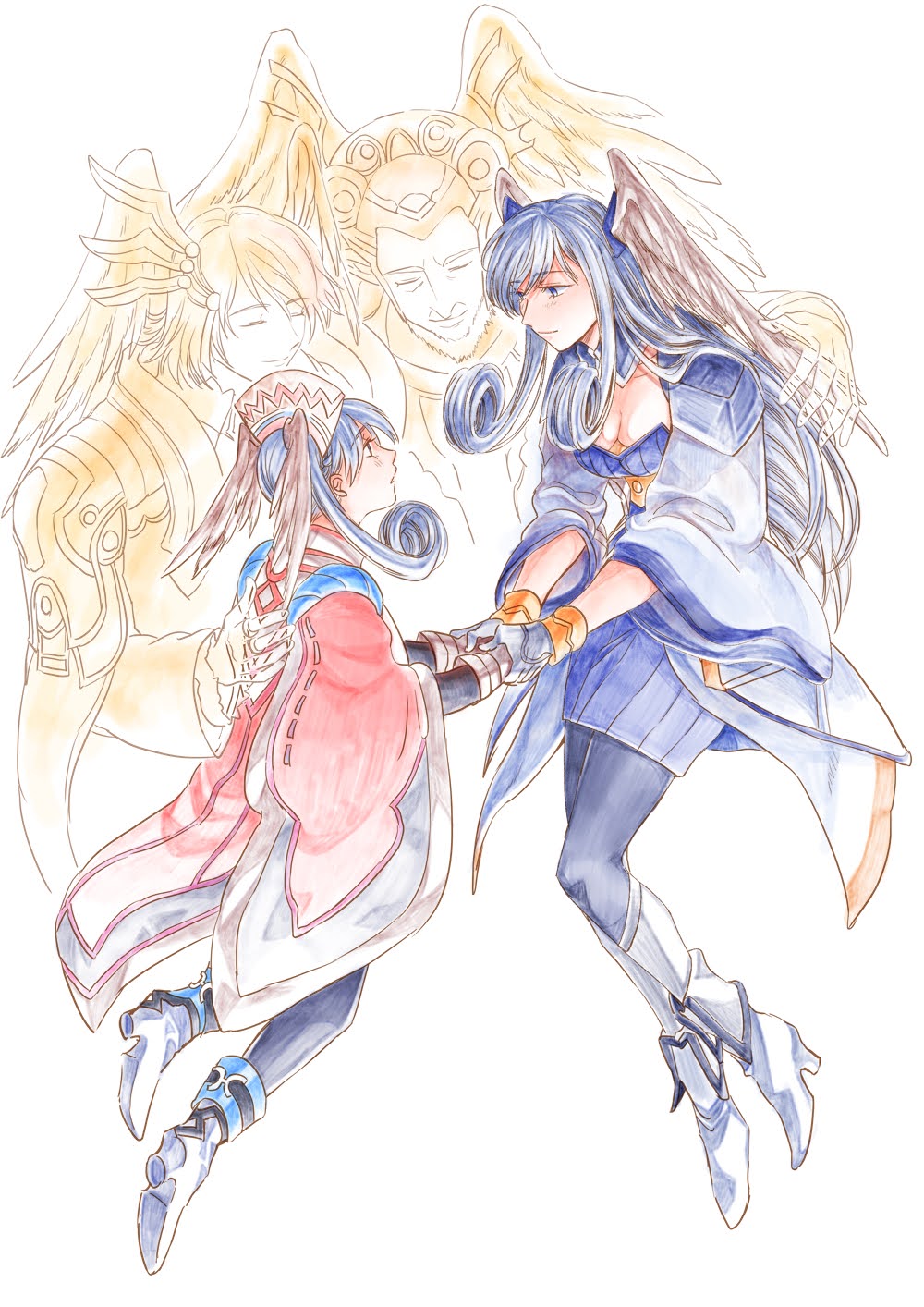 1girl black_pantyhose blue_eyes boots breasts cape cleavage curly_hair dress gloves grey_hair head_wings high_heel_boots high_heels highres holding_hands kallian_antiqua long_hair melia_antiqua metorurun pantyhose sorean_antiqua thighhighs time_paradox white_boots white_gloves wide_sleeves wings xenoblade_chronicles_(series) xenoblade_chronicles_1 xenoblade_chronicles_3