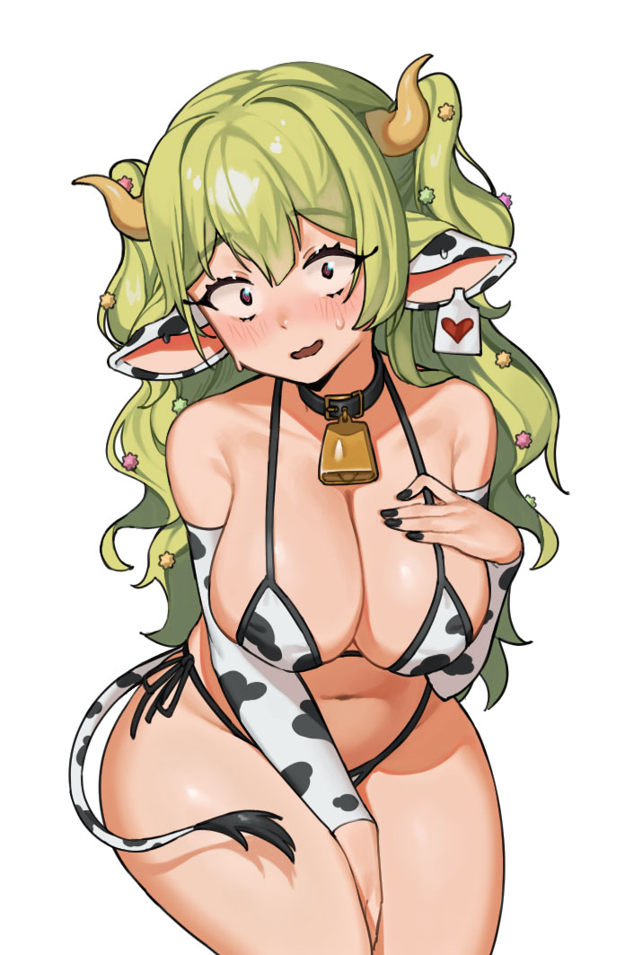 1girl animal_collar animal_ears animal_print bare_shoulders bell belt_buckle belt_collar between_legs bikini black_bikini black_collar black_nails black_sleeves black_tail black_trim blush breasts brown_horns buckle cleavage collar commentary constricted_pupils covering_crotch covering_privates cow_ears cow_girl cow_horns cow_print cow_print_bikini cow_tail cowbell cowboy_shot curled_tail curved_horns curvy detached_sleeves dot_nose double-parted_bangs ear_tag ears_down embarrassed english_commentary eyebrows_hidden_by_hair fingernails flustered fur-tipped_tail hair_between_eyes hair_intakes hair_ornament hand_between_legs hand_on_own_chest hand_up head_tilt heart horns ichika_maia indie_virtual_youtuber karassawa large_breasts large_ears leaning_forward legs_together long_eyelashes long_hair looking_at_viewer micro_bikini multicolored_bikini navel neck_bell nervous_sweating open_mouth parted_hair print_bikini raised_eyebrows raised_inner_eyebrows side-tie_bikini_bottom sideboob sidelocks simple_background skindentation smile solo spotted_tail string_bikini striped_blush sweat swimsuit tail tail_around_waist thick_eyelashes thick_thighs thighs two-tone_bikini two-tone_sleeves two-tone_tail two_side_up very_long_hair virtual_youtuber wavy_hair wavy_mouth white_background white_bikini white_sleeves white_tail wide-eyed wide_hips