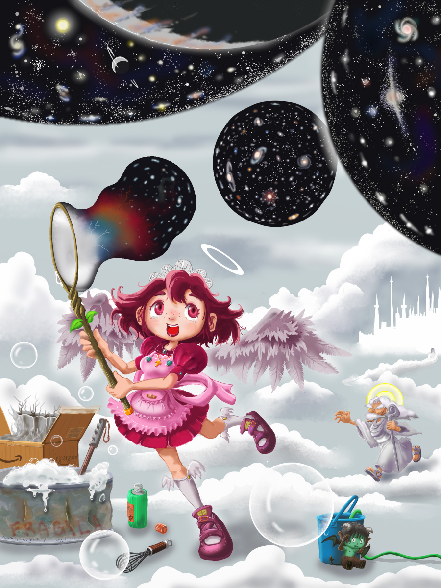 1girl 2boys angel apron box brooch bubble bucket city cloud cross demon dress facial_hair freckles galaxy halo happy heaven highres horns hose jewelry lipstick makeup multiple_boys mustache planet sandals shoes smile soap_bubbles socks staff star_(symbol) tail tiara whisk white_hair wings