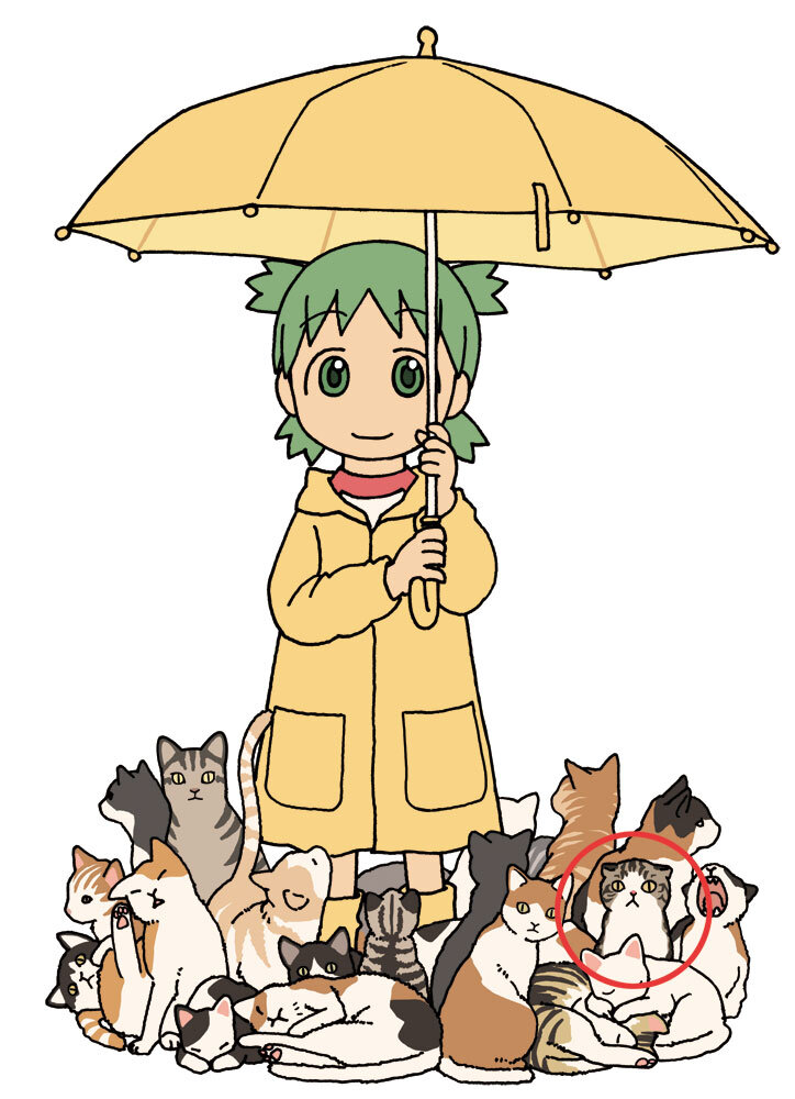 1girl animal annotated azuma_kiyohiko black_cat boots calico cat circle circled closed_mouth commentary cover cover_page full_body green_eyes green_hair holding holding_umbrella koiwai_yotsuba looking_at_viewer official_art orange_cat promotional_art quad_tails raincoat raised_eyebrows red_shirt rubber_boots scottish_fold scratching shirt short_hair simple_background sitting slit_pupils smile solo standing straight-on t-shirt tabby_cat textless_version too_many too_many_cats two-handed two-tone_shirt umbrella white_background white_cat white_shirt yawning yellow_boots yellow_raincoat yellow_umbrella yotsubato!