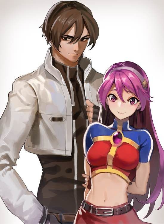 1boy 1girl asamiya_athena brown_hair fingerless_gloves gloves hair_ornament idol jacket kusanagi_kyou psycho_soldier purple_eyes purple_hair snk star_(symbol) star_hair_ornament the_king_of_fighters the_king_of_fighters_2002 white_jacket