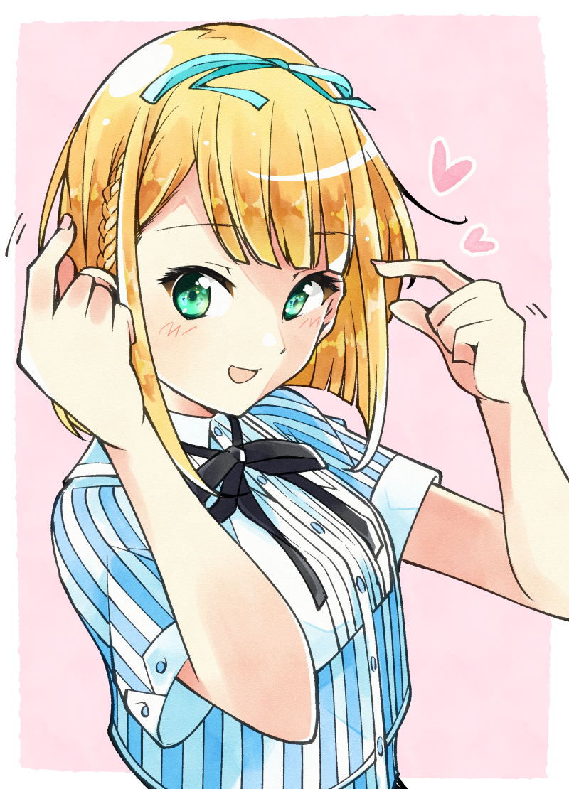 1girl 22/7 :d black_bow black_bowtie black_ribbon blonde_hair blue_bow blue_hairband border bow bow_hairband bowtie braid dress green_eyes hair_bow hairband heart looking_to_the_side neck_ribbon open_mouth outside_border pink_background pointing pointing_at_self ribbon rikaisha saito_nicole short_hair short_sleeves single_braid smile solo striped_clothes striped_dress trefle_r upper_body vertical-striped_clothes vertical-striped_dress white_border