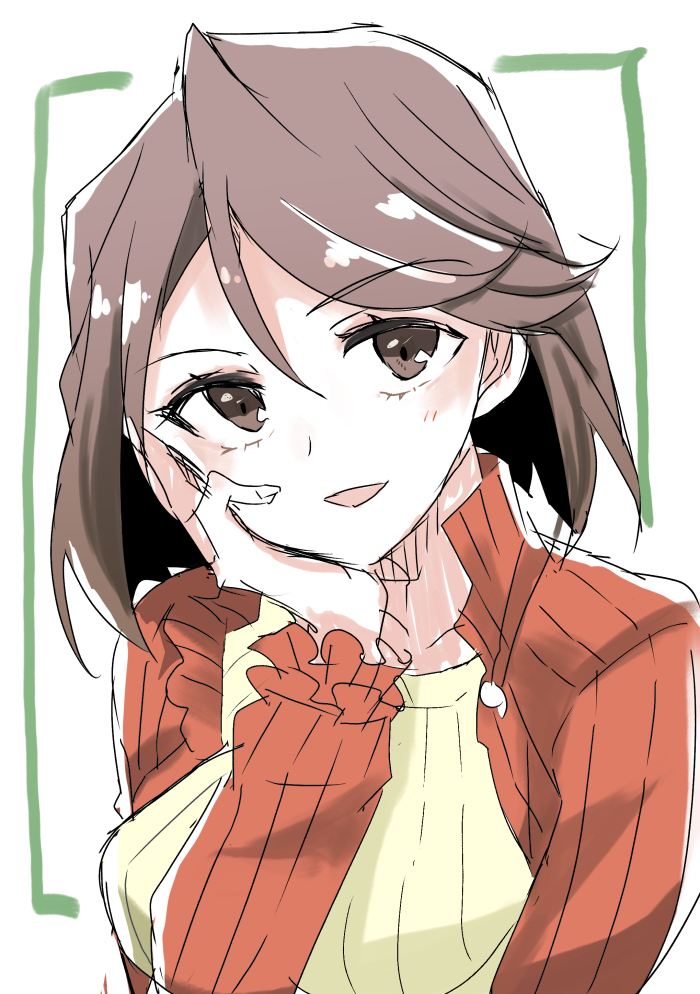 1girl brown_eyes brown_hair fujieda_kaede fuurin_kingyou hand_on_own_face looking_at_viewer sakura_taisen sega short_hair smile swept_bangs