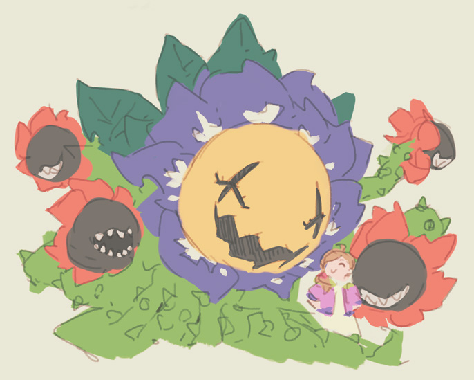 blonde_hair blossomon closed_eyes digimon digimon_(creature) digimon_survive flower kimishima_saki petals sharp_teeth smile teeth