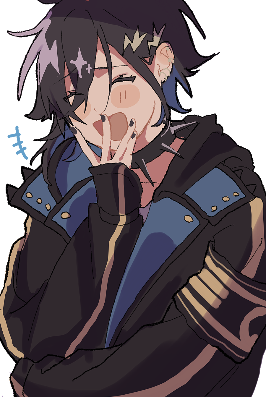 1boy bishounen black_hair black_nails closed_eyes collar earrings eyelashes hair_between_eyes hair_ornament hairclip highres holostars jacket jewelry kanade_izuru kanade_izuru_(1st_costume) kiritachi_(pixiv_113812466) lapel_pin laughing lightning_bolt lightning_bolt_hair_ornament lightning_bolt_symbol male_focus nail_polish open_mouth padded_jacket short_hair smile spiked_collar spikes two-sided_fabric two-sided_jacket upper_body virtual_youtuber white_background