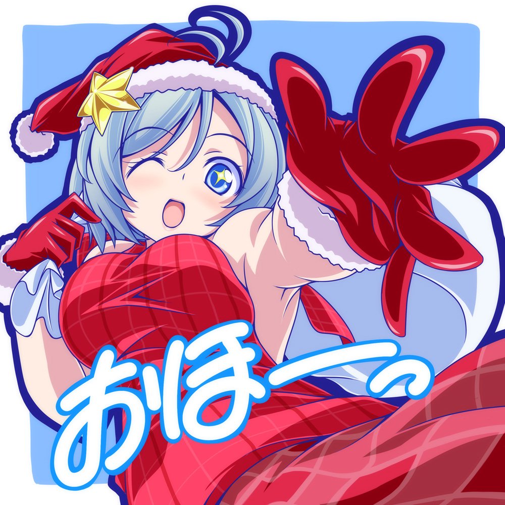 .live 1girl ;d antenna_hair blue_eyes blue_outline breasts christmas commentary_request dennou_shoujo_siro dress foreshortening fur-trimmed_gloves fur_trim gloves hat hat_ornament holding holding_sack kikuchi_tsutomu looking_at_viewer medium_breasts one_eye_closed open_mouth outline outside_border over_shoulder plaid_clothes plaid_dress reaching reaching_towards_viewer red_gloves red_hat sack santa_gloves santa_hat short_hair sleeveless sleeveless_dress smile solo sparkling_eyes star_(symbol) star_hat_ornament translated virtual_youtuber