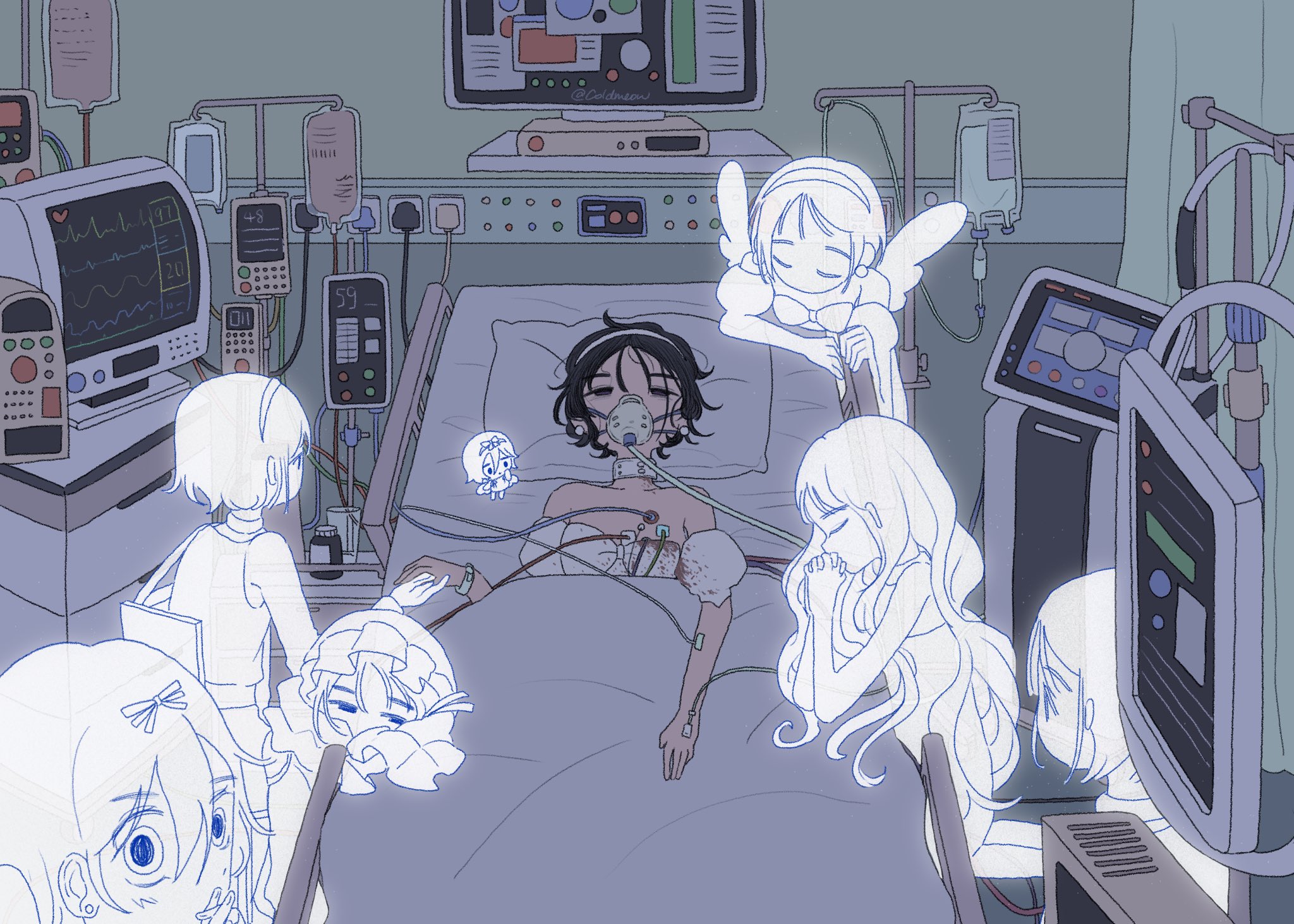 6+girls alien_stage angel_wings bed black_hair blanket blood blood_on_clothes coldmeow dark detached_sleeves dress hairband half-closed_eyes highres hospital hospital_bed indoors looking_at_another multiple_girls multiple_persona on_bed oxygen_mask pillow puffy_short_sleeves puffy_sleeves purple_eyes short_hair short_sleeves sua_(alien_stage) white_dress white_hairband wings