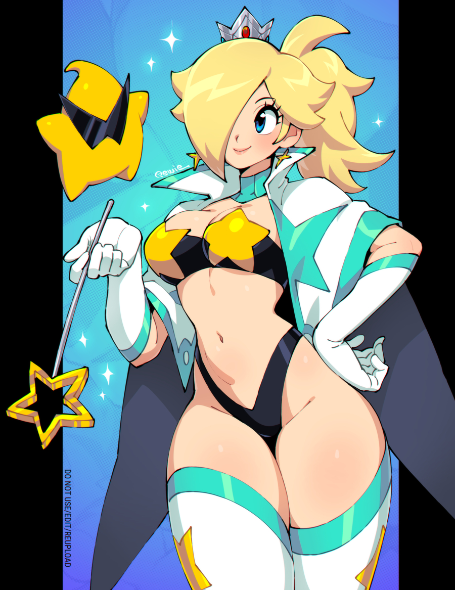 1girl 1other breasts cosplay crown earrings gloves hair_over_one_eye holding holding_wand jewelry large_breasts luma_(mario) mario_(series) mini_crown nintendo ponytail qewie revealing_clothes rosalina smile star_(symbol) star_earrings star_wand sunglasses super_mario_galaxy tengen_toppa_gurren_lagann thighhighs wand white_gloves yoko_littner yoko_littner_(cosplay)