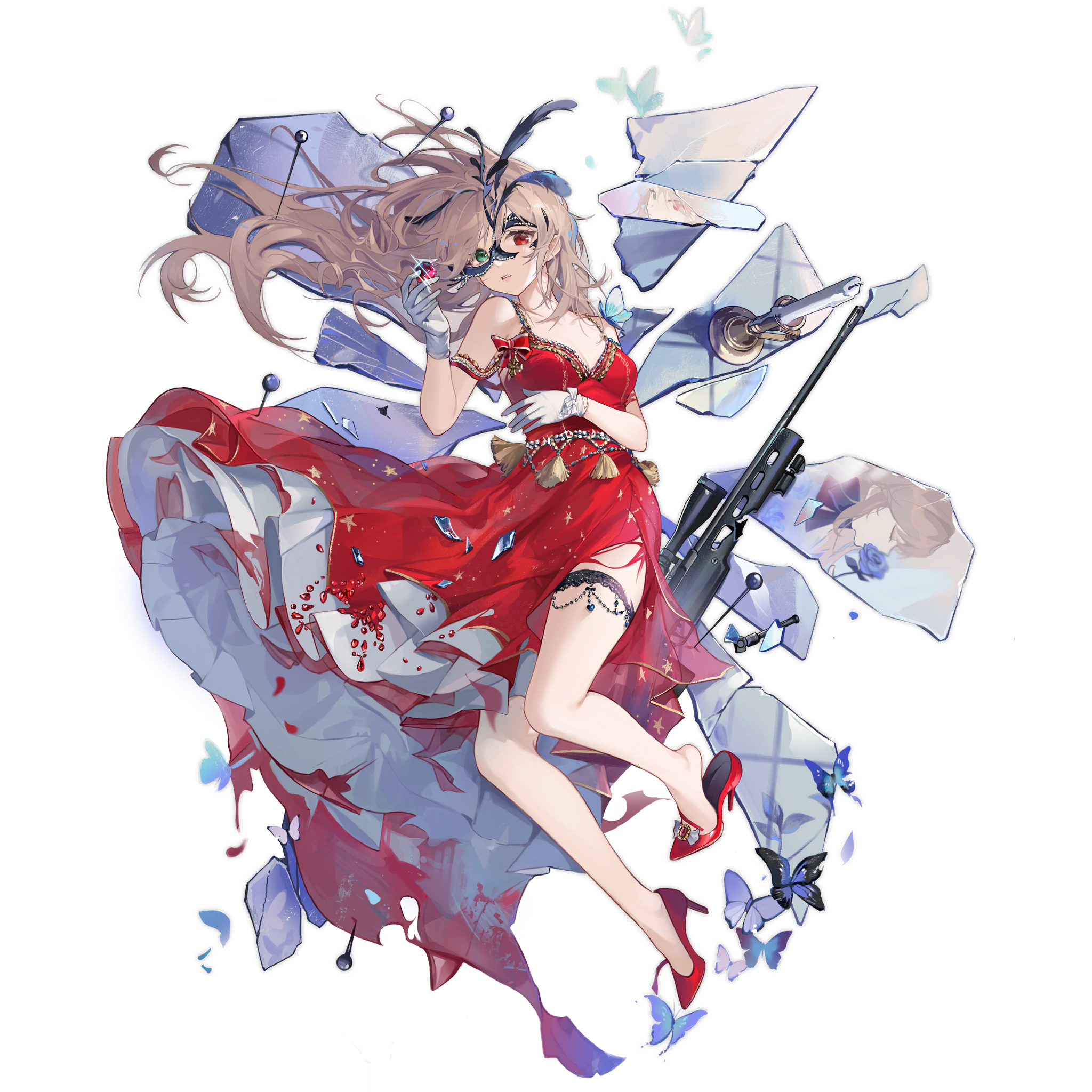 1girl black_mask blue_butterfly blue_flower blue_rose breasts broken broken_mirror broken_weapon brown_hair bug butterfly butterfly_request candle candlestand cleavage different_reflection domino_mask dress drill_hair feathers flower frilled_thigh_strap full_body gem girls'_frontline gloves green_eyes heel_pop heterochromia high_heels highres holding holding_gem insect layered_dress looking_at_viewer lying mask medium_breasts miebao mirror official_alternate_costume official_art on_back parted_lips phantom_thief pin red_dress red_eyes red_gemstone red_shoes reflection rose scope shards shoes sig_ssg3000 simple_background solo sparkle ssg3000_(girls'_frontline) ssg3000_(holy_maiden's_prayer)_(girls'_frontline) thigh_strap third-party_source torn_clothes torn_dress torn_mask transparent_background twin_drills two_side_up weapon white_dress white_gloves