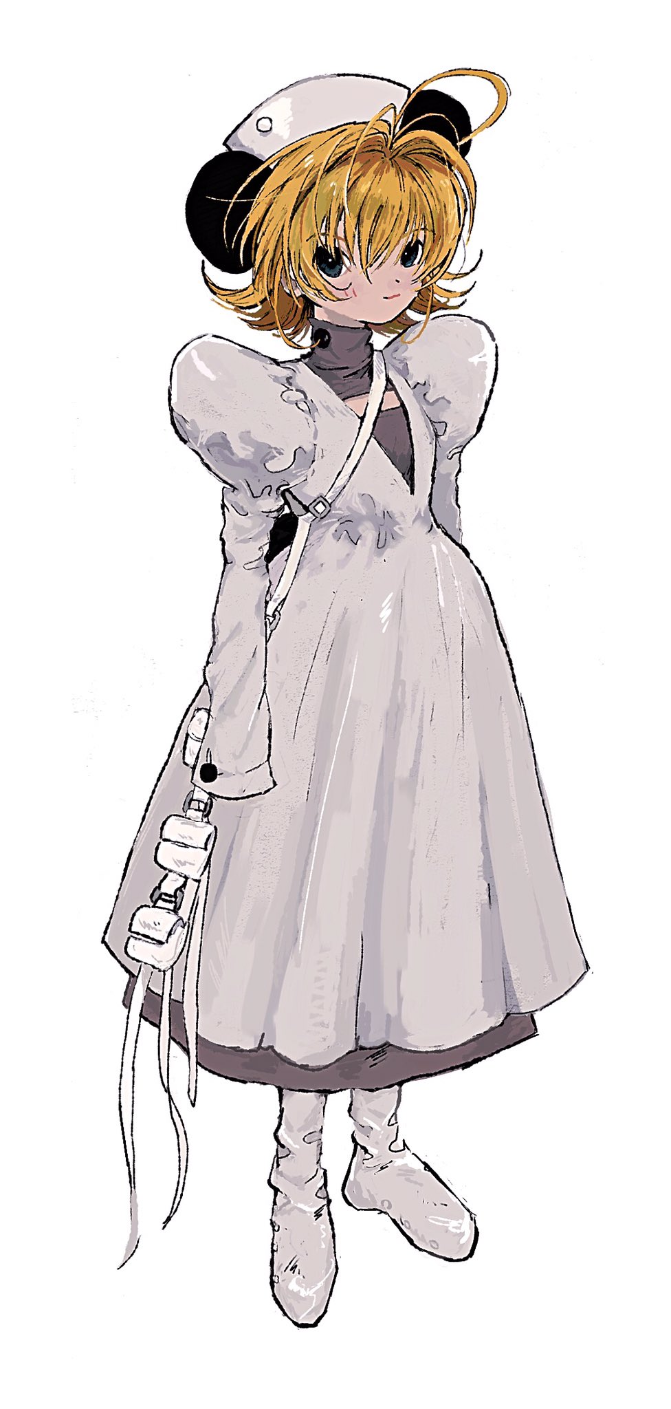 1girl ahoge animal_ears bad_id bad_twitter_id blonde_hair brown_shoes di_gi_charat dress full_body grey_dress hat highres inactive_account juliet_sleeves kinuc long_sleeves looking_at_viewer nurse_cap panda_ears piyoko puffy_sleeves shoes short_hair simple_background sleeves_past_fingers sleeves_past_wrists smile solo standing white_background