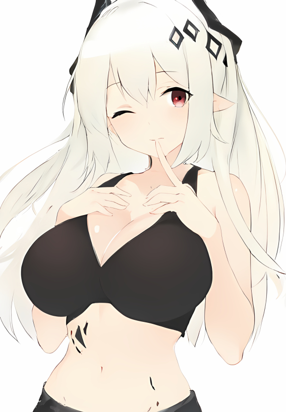 1girl arknights bare_arms bare_shoulders black_horns black_sports_bra breast_suppress breasts cleavage closed_mouth cowboy_shot finger_to_mouth hands_on_own_chest horns large_breasts long_hair material_growth midriff mudrock_(arknights) navel one_eye_closed oripathy_lesion_(arknights) pointy_ears raifu_(rf) red_eyes simple_background solo sports_bra standing unfinished white_background white_hair