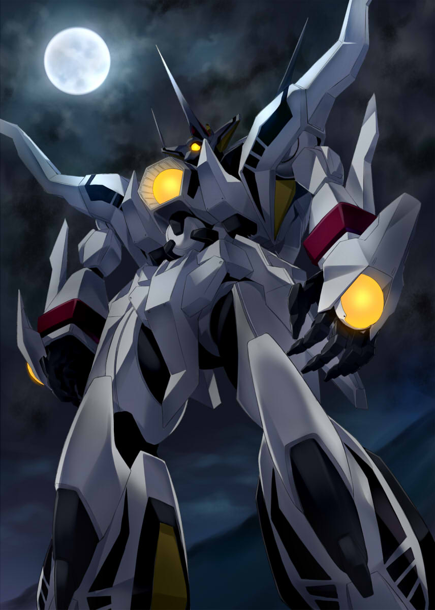 chest_jewel cloud cloudy_sky from_below full_moon glowing hades_project_zeorymer highres mecha moon mountain nagayori night no_humans robot sky zeorymer