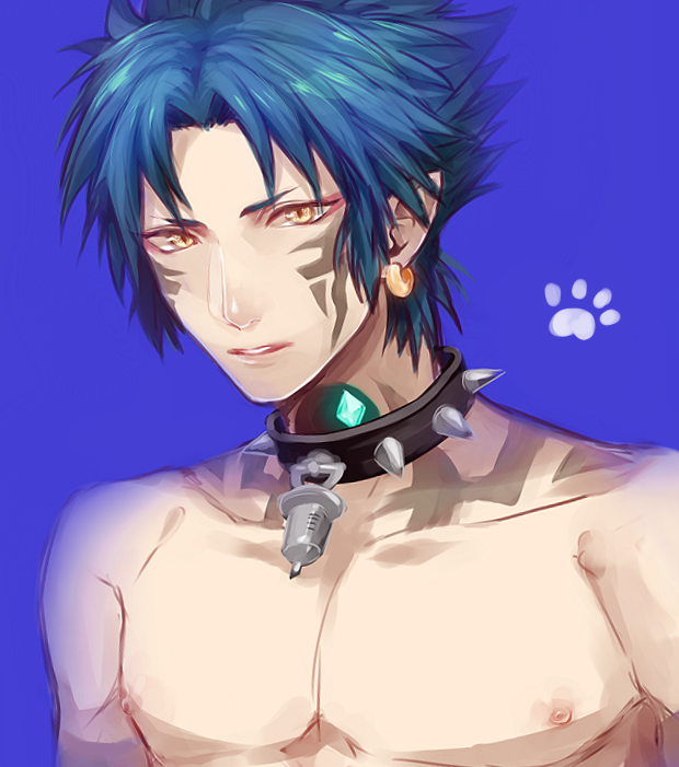10s 1boy bad_id bad_pixiv_id blue_background blue_hair collar dramatical_murder earrings jewelry male_focus paw_print pointy_ears ren_(dramatical_murder) solo spiked_collar spikes tattoo topless_male yellow_eyes yuta_arata