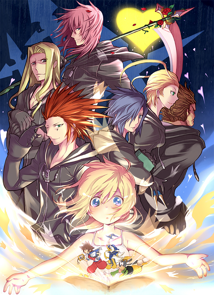 axel_(kingdom_hearts) black_coat_(kingdom_hearts) blonde_hair blue_eyes breasts commentary_request donald_duck goofy kingdom_hearts kingdom_hearts:_chain_of_memories larxene lexaeus long_hair marluxia mickey_mouse_&amp;_friends multiple_boys multiple_girls namine organization_xiii short_hair small_breasts smile sora_(kingdom_hearts) vexen zexion zyano