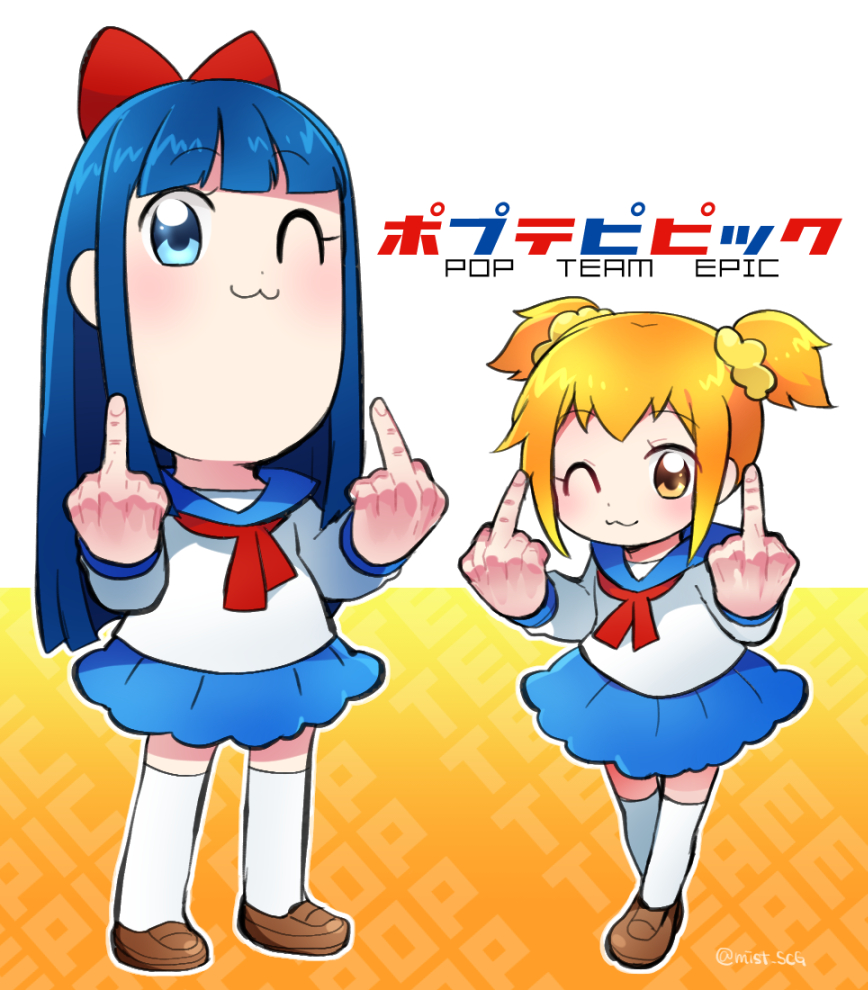 2girls :3 blue_hair blue_sailor_collar blue_skirt bow brown_shoes copyright_name eyelashes fukumitsu_(kirarirorustar) hair_bow loafers long_hair middle_finger multiple_girls neckerchief one_eye_closed orange_hair pipimi poptepipic popuko red_bow red_neckerchief sailor_collar school_uniform shirt shoes short_hair short_twintails skirt socks twintails white_shirt white_socks