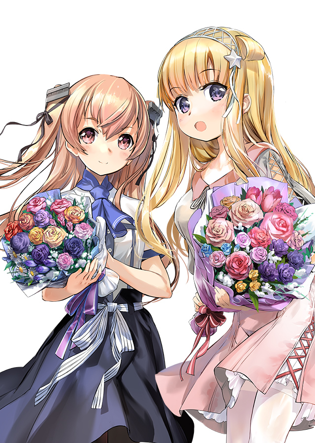 2girls black_ribbon blonde_hair blush bouquet breasts brown_eyes closed_mouth commentary_request double_bun fletcher_(kancolle) flower hair_bun hair_ornament hair_ribbon hairband holding holding_bouquet johnston_(anniversary)_(kancolle) johnston_(kancolle) kantai_collection large_breasts light_brown_hair long_hair looking_at_viewer medium_breasts multiple_girls neckerchief official_art open_mouth purple_eyes ribbon shirt short_sleeves simple_background skirt smile star_(symbol) star_hair_ornament twintails two_side_up white_background white_legwear white_ribbon zeco