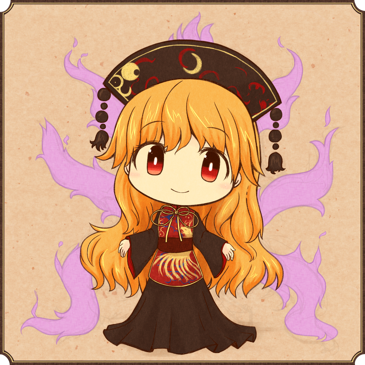 1girl akihiyo animal_print black_dress blonde_hair brown_background brown_theme chibi chinese_clothes dress energy female_focus fox_tail framed hat head_tilt highres junko_(touhou) long_hair long_sleeves looking_at_viewer multiple_tails obi open_hands red_eyes ribbon sash simple_background smile solo tabard tail touhou very_long_hair