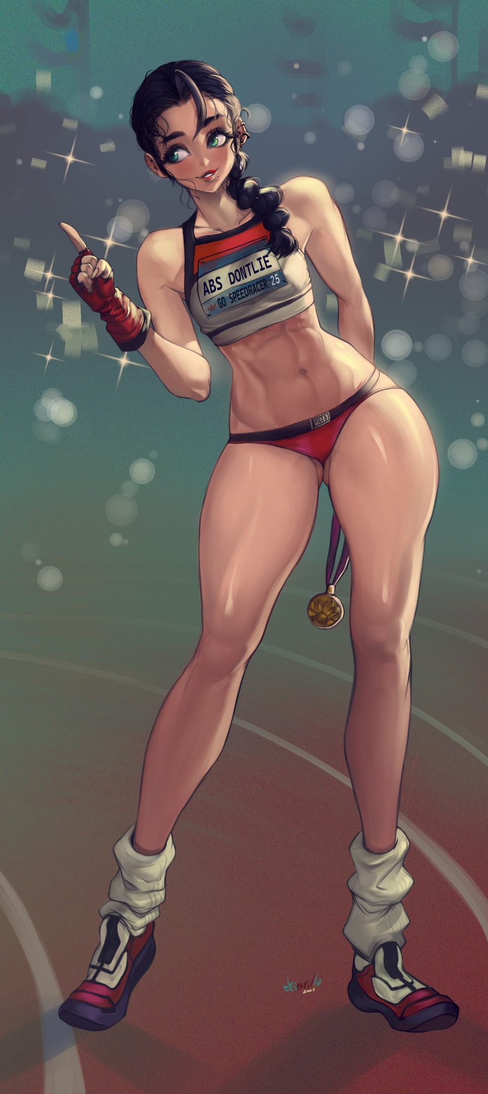 1girl artist_name black_hair blurry bokeh braid breasts collarbone commentary depth_of_field elsevilla english_commentary english_text fingerless_gloves full_body gloves gluteal_fold gold_medal green_eyes highres lens_flare looking_to_the_side loose_socks midriff mole mole_under_mouth navel original parted_lips pointing red_gloves running_track single_braid small_breasts socks solo standing thick_thighs thighs toned toned_female track_uniform