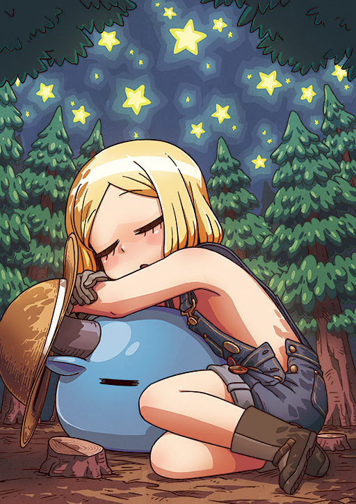 1girl animal babe_(fate) bare_arms bare_shoulders black_boots blonde_hair blush bob_cut boots bull chibi closed_eyes eyelashes fate/grand_order fate_(series) forest giant giantess hat leaning_forward naked_overalls nature night no_shirt official_art on_animal outdoors overall_shorts overalls oversized_animal parted_bangs parted_lips partially_unbuttoned paul_bunyan_(fate) paul_bunyan_(third_ascension)_(fate) riyo_(lyomsnpmp) short_hair sideless_outfit sitting sky sleeping solo star_(symbol) straw_hat sun_hat third-party_source tree tree_stump unworn_hat unworn_headwear yokozuwari