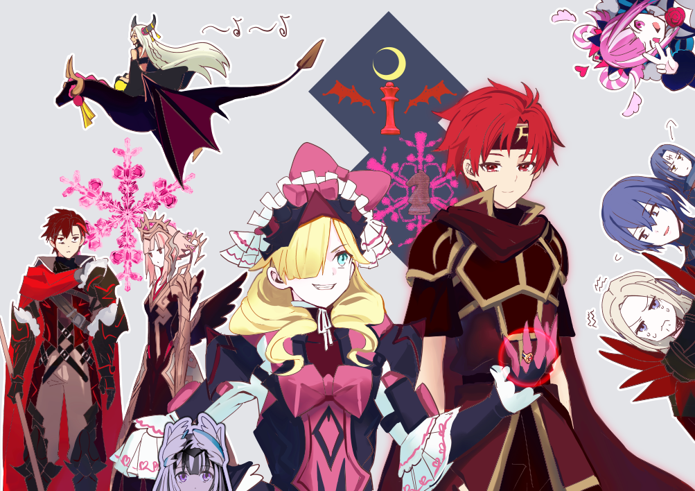 4boys 5girls armor asymmetrical_horns black_armor blonde_hair blue_eyes dark-skinned_female dark_skin diamant_(fire_emblem) dragon dragon_girl edelgard_von_hresvelg fire_emblem fire_emblem_engage frilled_headwear hair_ornament hair_over_one_eye horns hortensia_(fire_emblem) long_hair male_byleth_(fire_emblem) marni_(fire_emblem) mature_female multiple_boys multiple_girls nintendo red_armor shoochiku_bai smile soren_(fire_emblem) tassel tassel_hair_ornament uneven_horns veronica_(fire_emblem) wyvern zelestia_(fire_emblem)