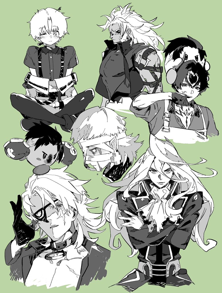6+girls alchemy_stars ascot bandaged_head bandages beard belt blood blood_on_face blush boxing_gloves brock_(alchemy_stars) charon_(alchemy_stars) closed_mouth coat collarbone collared_shirt crossed_arms earrings eyepatch facial_hair fleur_(alchemy_stars) gloves gram_(alchemy_stars) green_background greyscale_with_colored_background horns indian_style jewelry kirby kirby_(series) kohodn long_hair looking_at_viewer male_focus multiple_girls nails_(alchemy_stars) nintendo one_eye_closed popped_collar scar scar_across_eye scar_on_face shirt short_hair short_sleeves simple_background sitting suspenders taki_(alchemy_stars) white_dwarf_(alchemy_stars) wiping_face