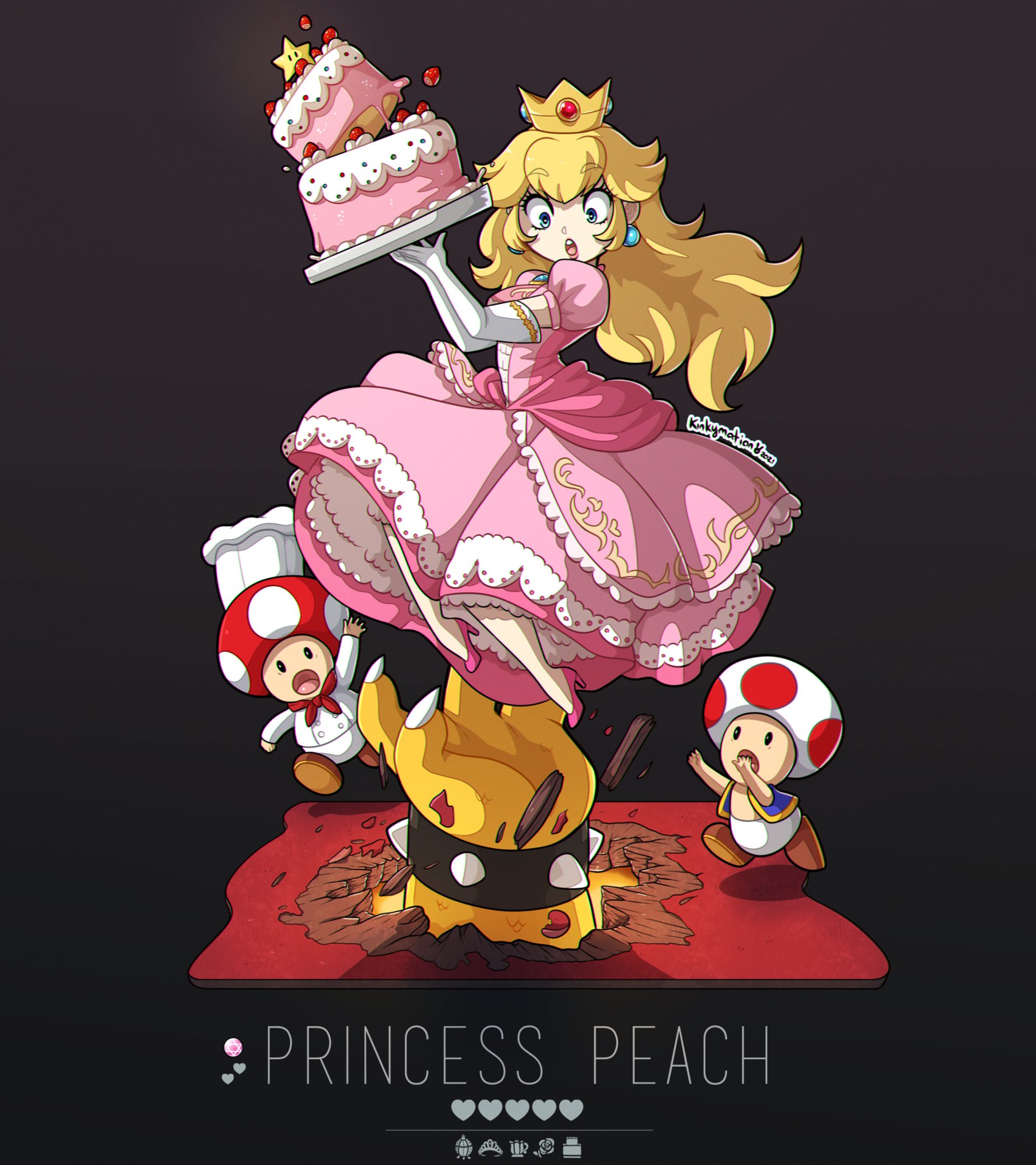 1girl :o artist_name black_background black_sclera blonde_hair blue_eyes blue_gemstone blue_vest bowser bracelet breasts bright_pupils brooch brown_footwear buttons cake character_name chef chef_hat chef_toad claws colored_sclera crown double-breasted dress earrings elbow_gloves eyelashes floor food fruit full_body gem gloves gold_trim hand_up hands_up hat heart highres holding holding_plate hole icing jewelry kinkymation lace lace-trimmed_dress lace_trim lips long_dress long_hair long_sleeves looking_at_another looking_down mario_(series) medium_breasts midair neckerchief nintendo no_socks open_hand open_mouth pants pink_dress pink_footwear pink_lips plate princess princess_peach puffy_short_sleeves puffy_sleeves reaching red_neckerchief running scales shoes short_sleeves simple_background spiked_bracelet spikes strawberry strawberry_cake super_mario_bros._1 super_nintendo_world super_star_(mario) surprised teeth thick_eyebrows toad_(mario) tongue upper_teeth_only vest white_gloves white_headwear white_pants white_pupils white_uniform yellow_vest