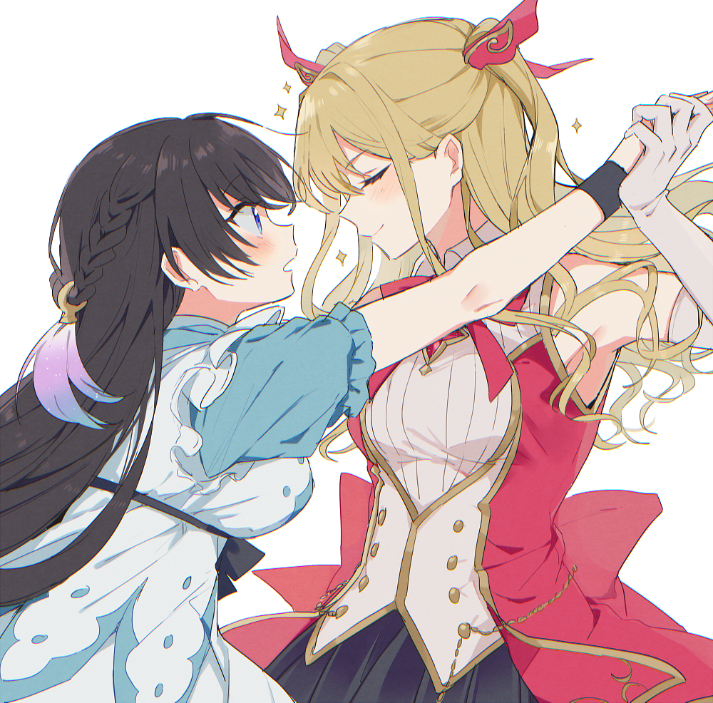 2girls :o ami_ria black_hair black_skirt blonde_hair blue_eyes blue_shirt blush boyano braid chain closed_eyes closed_mouth coat collared_shirt dancing dress elbow_gloves feather_hair_ornament feathers frilled_sleeves frills from_side gem gloves hair_ornament hair_ribbon holding_hands kozue_mayu long_hair looking_at_another magia_record:_mahou_shoujo_madoka_magica_gaiden magical_girl mahou_shoujo_madoka_magica multiple_girls open_mouth pink_coat pink_gemstone pink_ribbon pleated_skirt profile puffy_short_sleeves puffy_sleeves ribbed_shirt ribbon shirt short_sleeves side_braids sidelocks simple_background skirt sleeveless sleeveless_coat smile sparkle swept_bangs two_side_up underbust very_long_hair wavy_hair white_background white_dress white_gloves white_shirt wide-eyed yuri