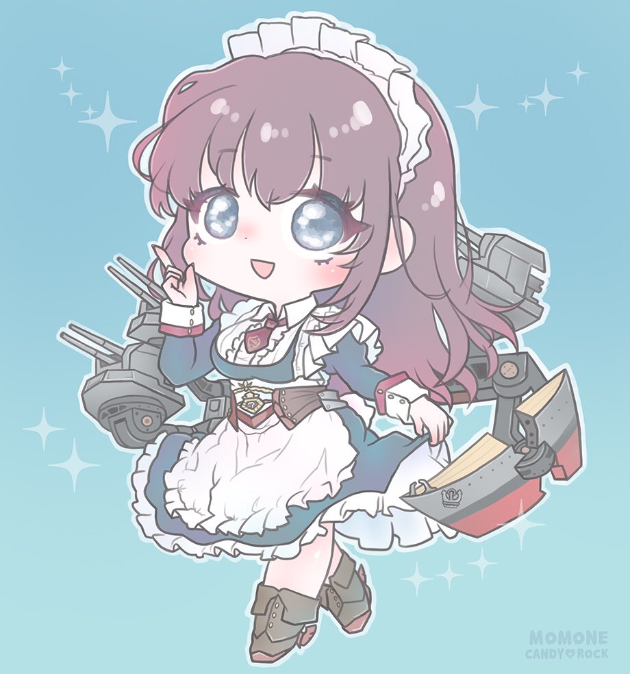 1girl apron azur_lane blue_eyes blush braid chibi curacoa_(azur_lane) dress female_focus frills hair_between_eyes jewelry long_hair long_sleeves maid maid_headdress momoneko_meow open_mouth puffy_sleeves sidelocks smile solo