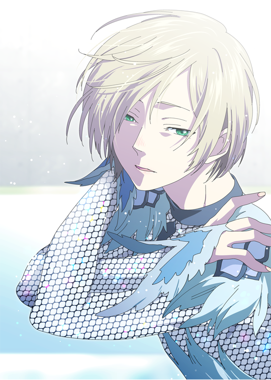 1boy aqua_eyes blonde_hair bodysuit crossed_arms feather_trim figure_skating gloves hair_between_eyes ice_skating ikuhashi_muiko looking_down male_focus parted_lips partially_fingerless_gloves sequins short_hair skating skating_rink solo sparkle upper_body yuri!!!_on_ice yuri_plisetsky