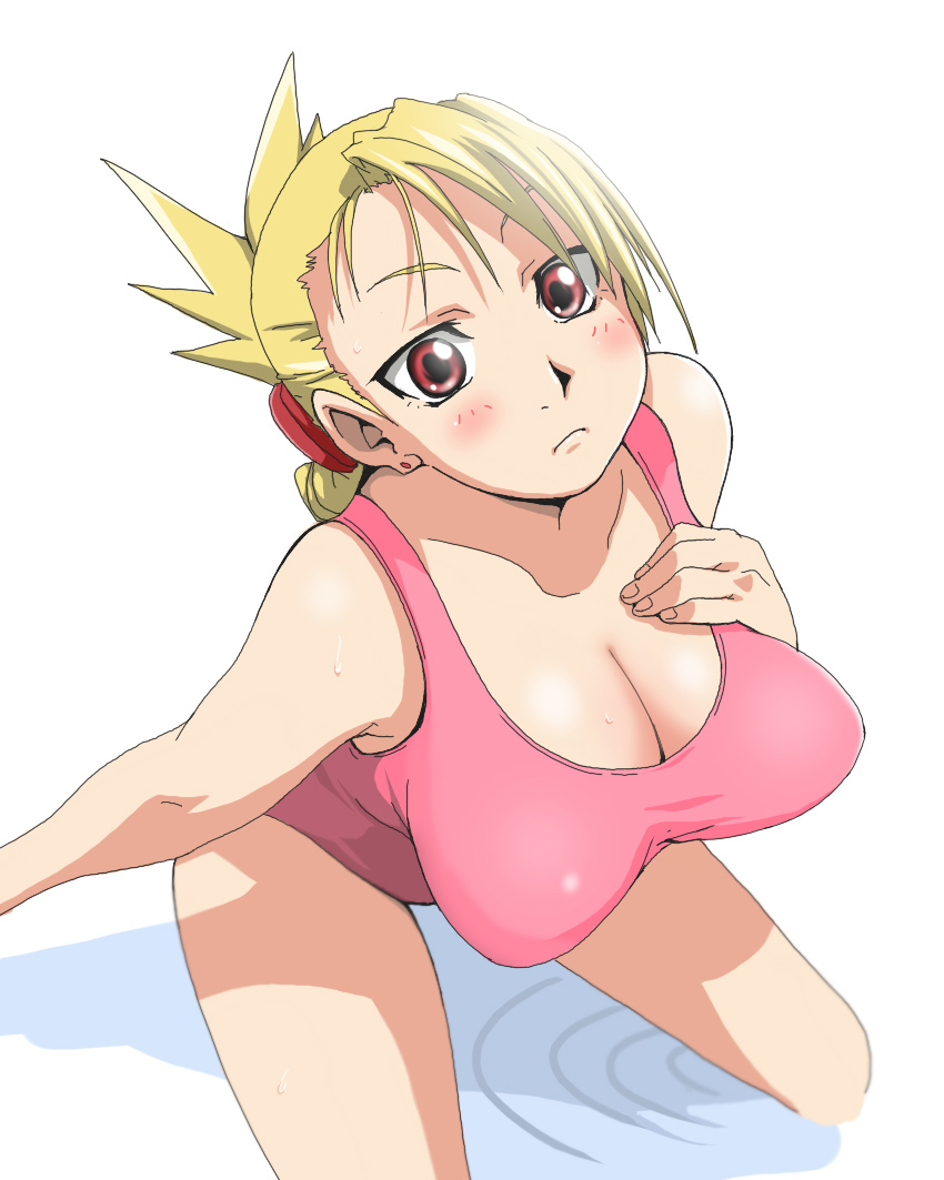 00s 1girl bad_id bad_pixiv_id blonde_hair breasts cleavage female_focus folded_ponytail from_above fullmetal_alchemist large_breasts legs maaru one-piece_swimsuit pointy_breasts red_eyes riza_hawkeye sagging_breasts solo swimsuit thighs