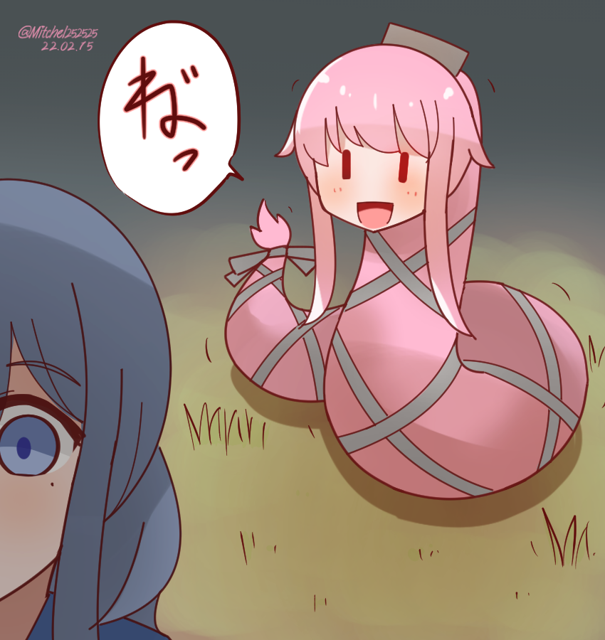 2girls black_hair commentary_request dated gotland_(kancolle) grass kantai_collection mitchell_(dynxcb25) mole mole_under_eye multiple_girls open_mouth pink_hair smile snake speech_bubble translation_request twitter_username yura_(kancolle) yura_(snake)