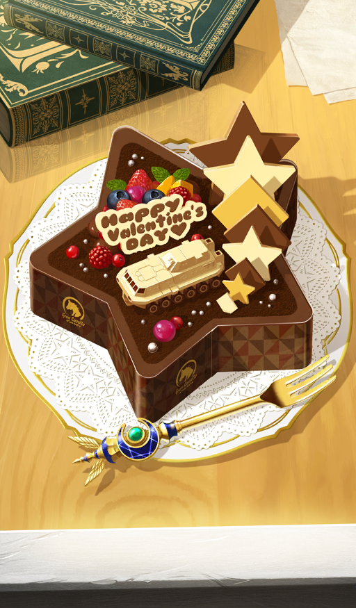 akitaken_(non_faciem) blueberry book cake chocolate chocolate_cake commentary dessert doily english_text fate/grand_order fate_(series) food food_art food_focus food_writing fork fruit happy_valentine leaf mint no_humans official_art paper plate raspberry shadow_border star-shaped_chocolate star-shaped_food star_(symbol) still_life strawberry third-party_source white_chocolate