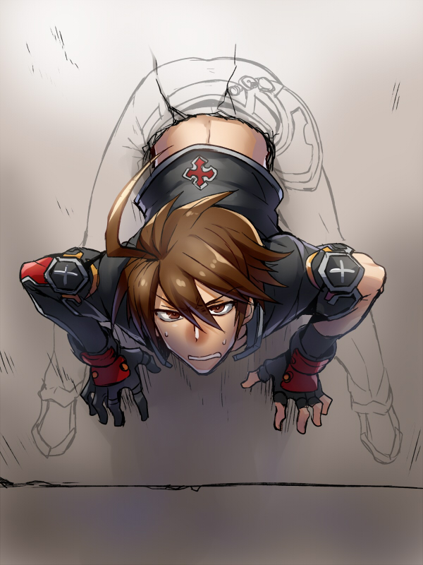 1boy ahoge asymmetrical_gloves bent_over blazblue blazblue:_central_fiction brown_eyes brown_hair full_body gloves hair_between_eyes huge_ahoge kaneaki_mukku male_focus midriff mismatched_gloves naoto_kurogane solo stuck sweatdrop through_wall x-ray