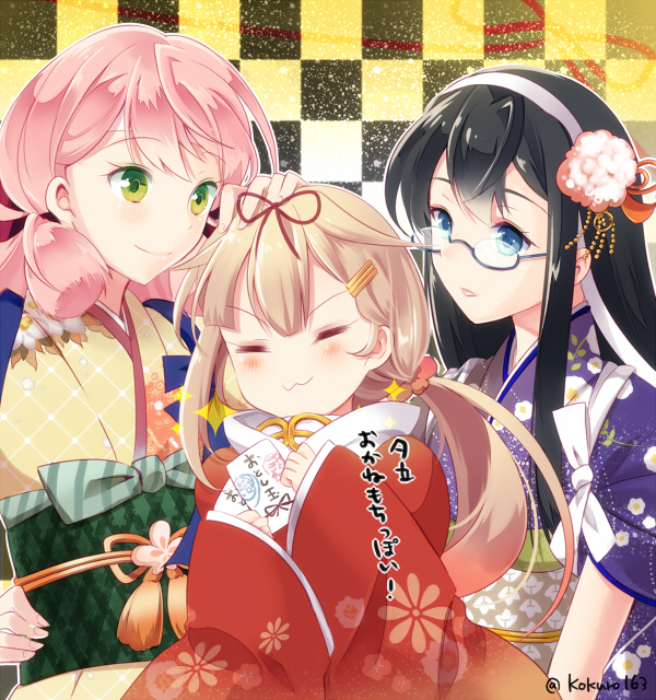 10s 3girls :3 =_= akashi_(kancolle) akashi_(new_year)_(kancolle) bad_id bad_pixiv_id blonde_hair blue_eyes checkered_background green_eyes hair_flaps hair_ornament hair_ribbon hairband hairclip headpat japanese_clothes kantai_collection kimono kokuro long_hair multiple_girls obi ooyodo_(kancolle) ooyodo_(new_year)_(kancolle) pink_hair remodel_(kantai_collection) ribbon sash scarf sidelocks white_scarf yuudachi_(kancolle) yuudachi_(new_year)_(kancolle)