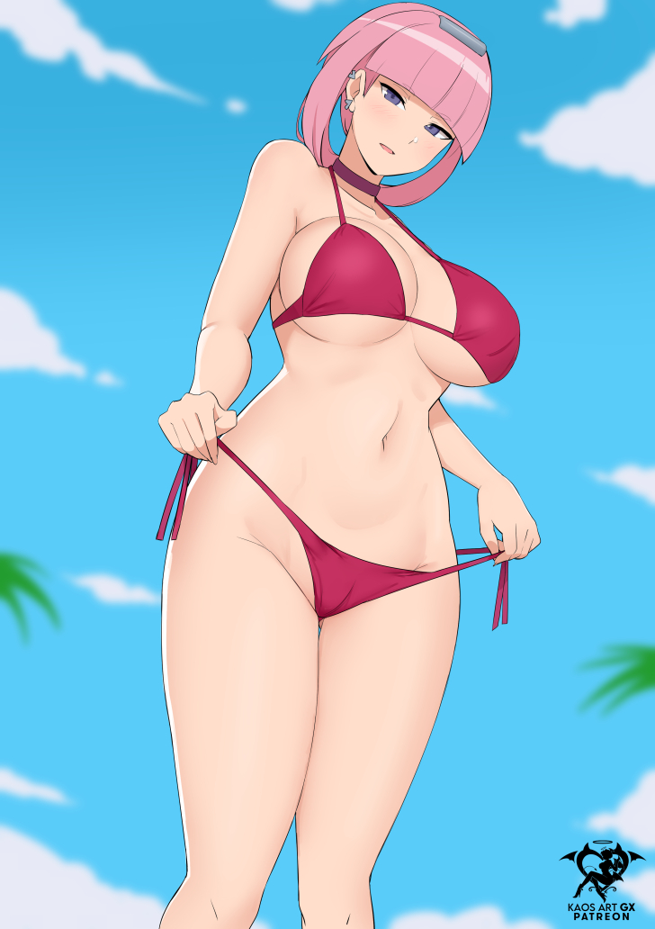 1girl artist_logo bikini blue_eyes blue_sky blunt_bangs breasts cameltoe choker cloud cowboy_shot curvy day ear_piercing earrings groin hair_ornament heart heart_earrings jewelry kaos_art large_breasts logo looking_at_viewer mollie_(pokemon) navel nintendo outdoors parted_lips piercing pokemon pokemon_(anime) pokemon_horizons red_bikini red_choker short_hair sky solo standing stomach swimsuit thighs