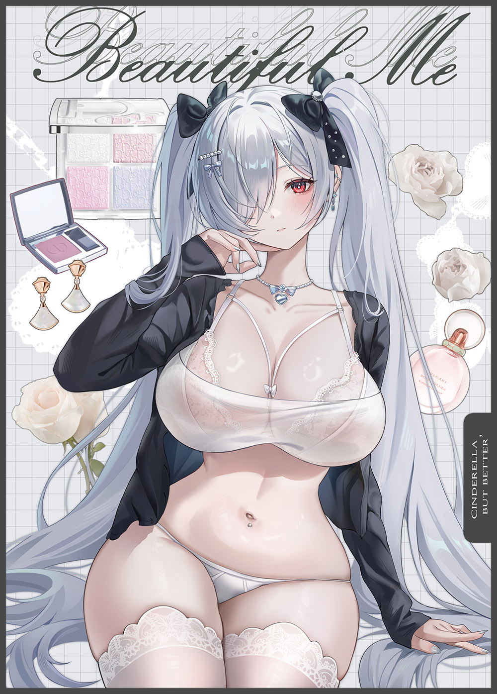 1girl alternate_costume bandeau black_bow black_jacket black_panties blush bow bra breasts choker cinderella_(beautiful_me)_(nikke) cinderella_(nikke) cleavage closed_mouth earrings flower goddess_of_victory:_nikke hair_bow hair_ornament hair_over_one_eye highres jacket jewelry lace lace-trimmed_bra lace_trim large_breasts long_hair long_sleeves makeup midriff mrr_05 navel necklace official_alternate_costume open_clothes open_jacket panties red_eyes see-through_clothes solo stomach thighhighs thighs twintails underwear very_long_hair white_bra white_hair white_thighhighs