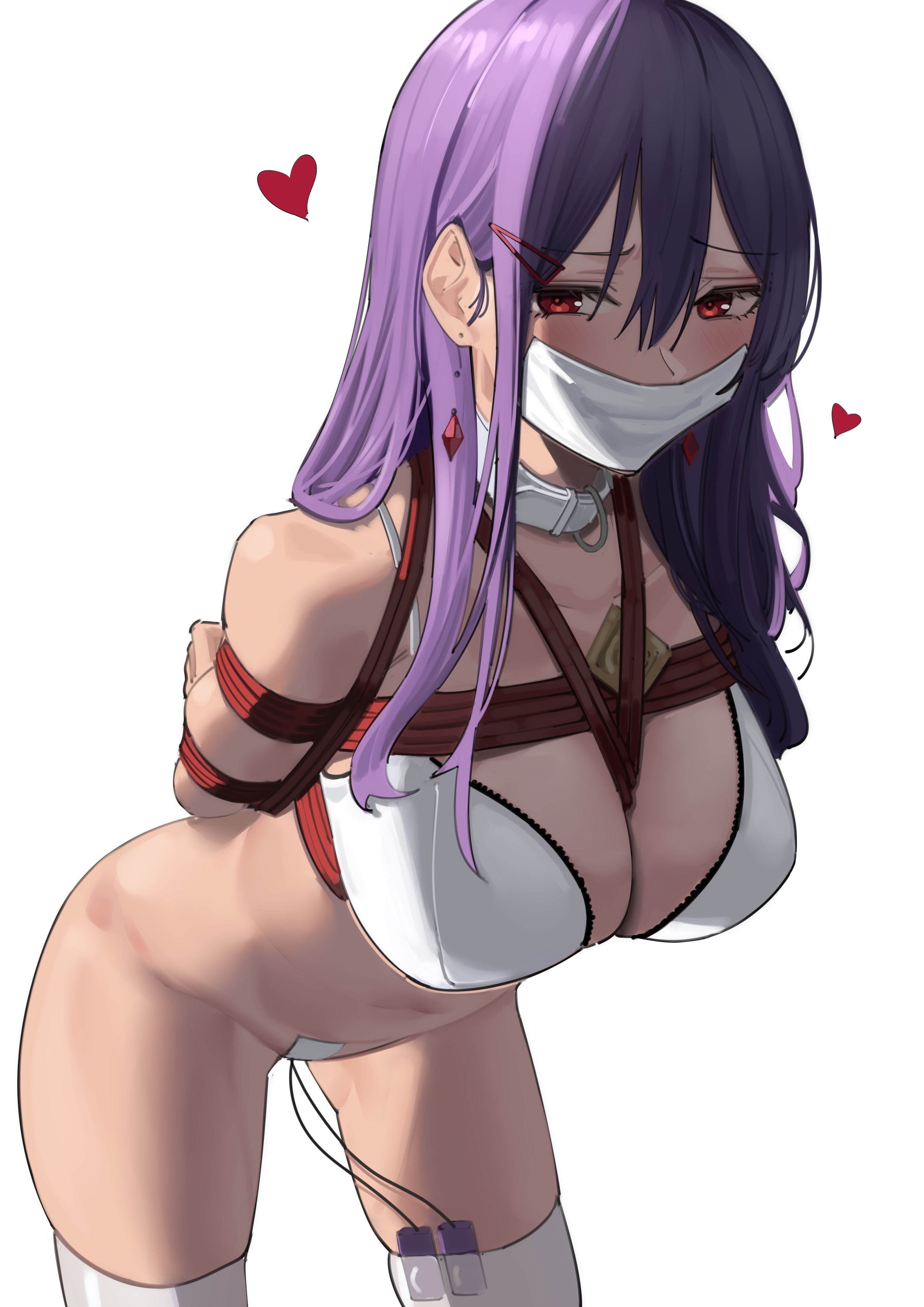 harris hero, original, absurdres, highres, 1girl, arms behind back, bdsm,  blush, bondage, bound, bra, breasts, collar, condom, condom wrapper,  earrings, frilled bra, frills, gag, gagged, gagged (willingly), gem, hair  between eyes, hair