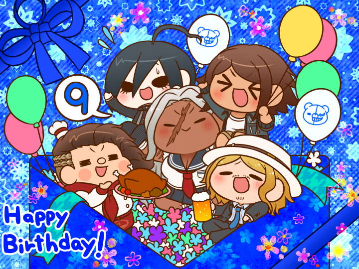 &gt;_&lt; 1girl 4boys :&gt; ahoge alcohol apron asahina_yuta asymmetrical_hair balloon bandaged_arm bandaged_leg bandages barefoot beard_stubble beer beer_mug belt black_eyes black_hair black_jacket black_pants black_suit blazer blonde_hair blue_background blue_flower blue_jacket blue_necktie blue_ribbon blue_sailor_collar blue_shirt blue_skirt blush_stickers bowler_hat box braid brown_belt brown_hair brown_shorts bubble buttons cargo_shorts cherry_tomato chibi closed_mouth collared_jacket collared_shirt commentary_request crossed_legs cup danganronpa:_trigger_happy_havoc danganronpa_(series) danganronpa_2:_goodbye_despair danganronpa_3_(anime) danganronpa_another_episode:_ultra_despair_girls danganronpa_v3:_killing_harmony dark-skinned_female dark-skinned_male dark_skin double-breasted drink english_text eyelashes facial_hair floral_background flower flower_knot flying_sweatdrops food formal_clothes gift green_flower hair_between_eyes hanamura_teruteru hand_up happy happy_birthday hat hat_belt holding holding_balloon holding_drink holding_food holding_plate in_box in_container jacket kizakura_kouichi lapels layered_sleeves leaning_back lifting_person light_blush long_sleeves medium_hair mini_chef_hat miniskirt monokuma mug multiple_boys mustache_stubble neckerchief necktie nervous_smile notched_lapels ogami_sakura open_clothes open_jacket pale_skin pants pink_flower pinstripe_jacket pinstripe_pants pinstripe_pattern pinstripe_shirt plate pleated_skirt pocket pompadour purple_flower red_apron red_neckerchief ribbon saihara_shuichi sailor_collar scar scar_on_arm scar_on_face school_uniform serafuku shirt short_hair shorts side_braids sitting skirt sleeveless sleeveless_shirt smile solid_oval_eyes spoken_number striped_background stubble suit tomato torn_clothes torn_shirt turkey_(food) v-shaped_eyebrows waist_apron white_flower white_hat white_jacket white_shirt yumaru_(marumarumaru)