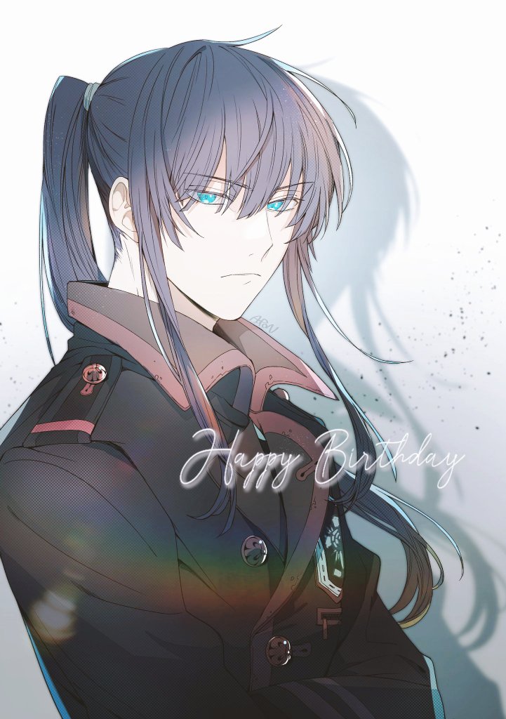 1boy aopon16 badge black_coat black_hair black_order_uniform blue_eyes coat collared_coat crossed_arms d.gray-man floating_hair hair_ribbon happy_birthday high_ponytail kanda_yuu long_hair looking_at_viewer military military_uniform ponytail red_stripes ribbon shadow sidelocks signature solo striped_coat white_background white_ribbon