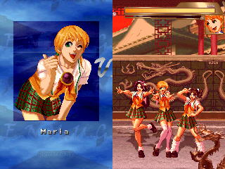 3girls asamiya_athena asuka_(kof) blonde_hair brown_hair character_name green_eyes long_hair looking_at_viewer loose_socks lowres m.u.g.e.n miniskirt mouki multiple_girls one_eye_closed plaid_clothes plaid_skirt pleated_skirt qvga school_uniform screencap shinzaki_maria short_hair short_twintails simple_background skirt socks the_king_of_fighters the_king_of_fighters_2003 twintails wink