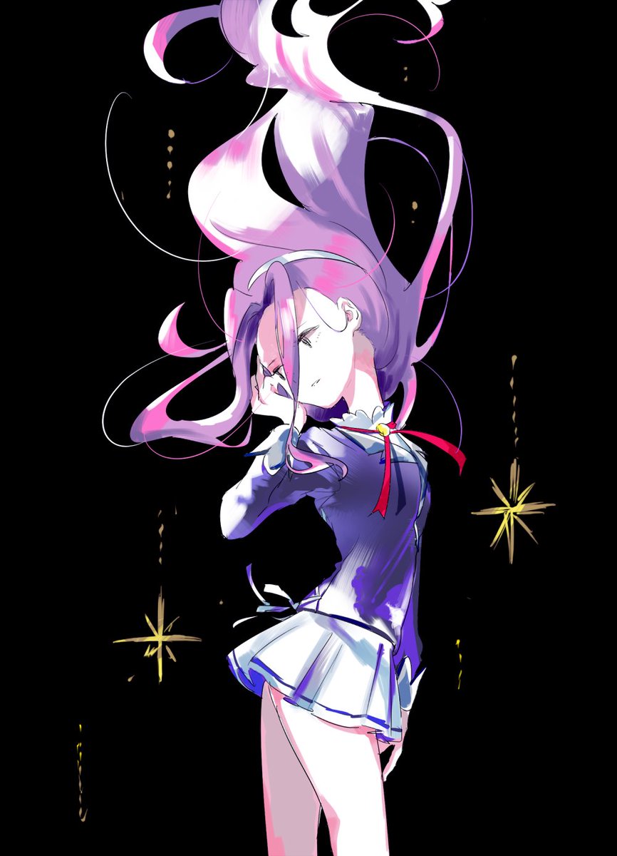 1girl aikatsu! aikatsu!_(series) bad_id bad_twitter_id black_background blue_jacket floating_hair hairband hand_up highres image_sample jacket kanzaki_mizuki long_hair long_sleeves neck_ribbon pleated_skirt purple_eyes purple_hair red_ribbon ribbon school_uniform shiontaso shirt skirt solo standing star_(symbol) starlight_academy_school_uniform twitter_sample white_hairband white_shirt white_skirt