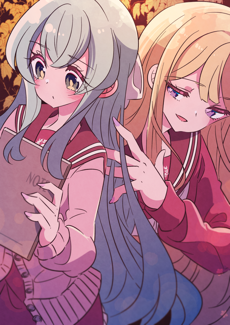 2girls aqua_hair assault_lily autumn_leaves black_background blonde_hair blush bow brown_cardigan brown_sailor_collar buttons cardigan closed_mouth commentary_request cowboy_shot fingernails floral_background floral_print frilled_skirt frills green_eyes hair_bow hand_in_another&#039;s_hair hand_up holding holding_notebook honkawa_works kanba_girls_high_school_uniform leaf long_hair long_sleeves looking_ahead looking_at_another looking_to_the_side miyagawa_takane multiple_girls nail_polish notebook partially_unbuttoned purple_eyes purple_nails red_shirt red_skirt sailor_collar school_uniform serafuku shirt sidelocks sideways_glance skirt smile standing toki_kureha very_long_hair white_bow