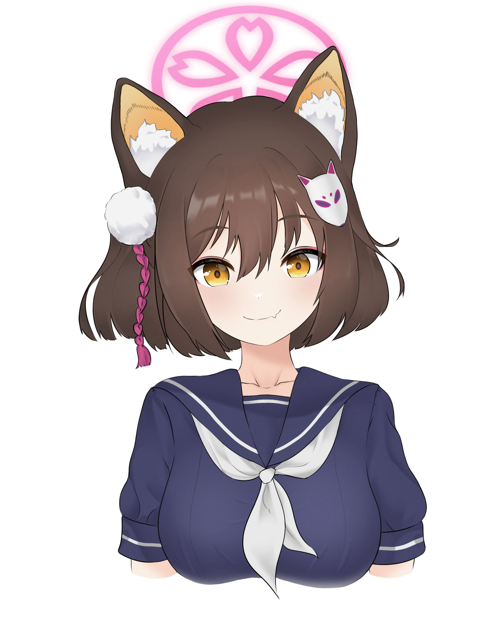 1girl absurdres animal_ear_fluff animal_ears blue_archive blue_sailor_collar blue_shirt blush brown_eyes brown_hair collar commentary_request cropped_torso fang fox_ears hair_between_eyes hair_ornament halo highres hrna izuna_(blue_archive) looking_at_viewer medium_hair neckerchief pink_halo sailor_collar shirt short_sleeves sidelocks simple_background skin_fang smile solo upper_body white_background white_neckerchief
