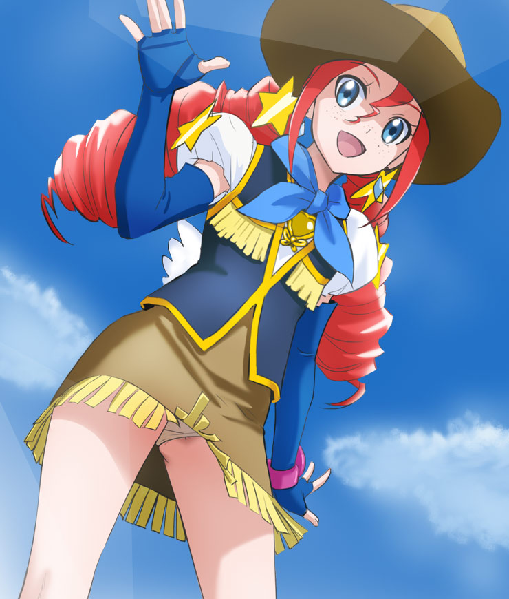 10s 1girl blue_background blue_eyes blue_sky bomber_girls_precure brooch cloud cowboy_hat cowboy_shot day drill_hair dutch_angle earrings elbow_gloves female_focus fingerless_gloves freckles fringe_trim gloves happinesscharge_precure! haruyama_kazunori hat heart heart_brooch jewelry looking_at_viewer miniskirt open_mouth panties pantyshot precure puffy_sleeves red_hair red_haired_cure_(bomber_girls_precure)_(happinesscharge_precure!) scarf skirt sky smile solo star_(symbol) thighs twin_drills twintails underwear upskirt vest white_panties wings
