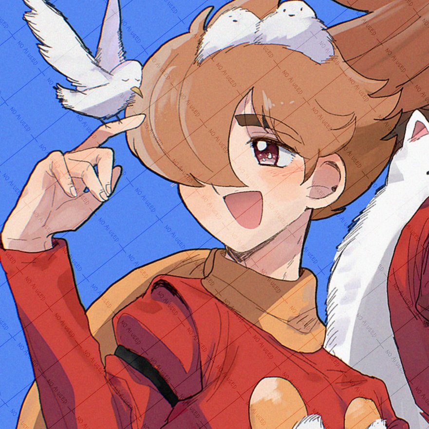 ahoge bird brown_eyes brown_hair buttons cat coat cyborg cyborg_009 dynamic_pose hair_over_face hair_over_one_eye half-closed_eyes ing&#039;yeo_soyeo military_uniform red_coat scarf shimamura_joe smile soldier upper_body white_bird white_cat yellow_scarf