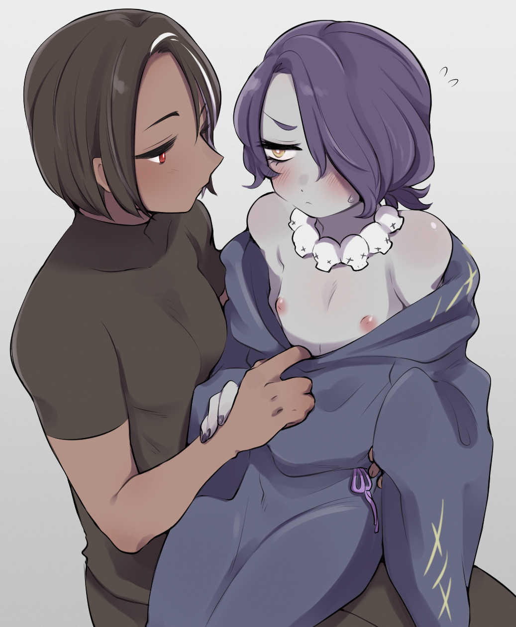 2boys black_hair blush brown_shirt cloak cloak_pull cloaked_hood collarbone colored_skin cookie_run dark-skinned_male dark_choco_cookie dark_skin flying_sweatdrops furrowed_brow grey_skin hair_over_one_eye hair_up half-closed_eyes hand_on_another&#039;s_arm hand_on_another&#039;s_hip hand_on_another&#039;s_wrist highres hood hood_down hooded_cloak humanization indigo_hair jewelry jitome licorice_cookie long_sleeves looking_at_another low_ponytail male_focus medium_hair multicolored_hair multiple_boys necklace nipples niwa_(niwa827) parted_bangs pectorals ponytail pout pout purple_cloak purple_hair purple_nail_polish red_eyes robe shirt short_hair short_sleeves sidelocks simple_background sitting sitting_on_lap sitting_on_person skull skull_necklace stitches streaked_hair sweatdrop tagme trap turtleneck turtleneck_shirt two-tone_hair white_background white_hair yaoi yellow_eyes