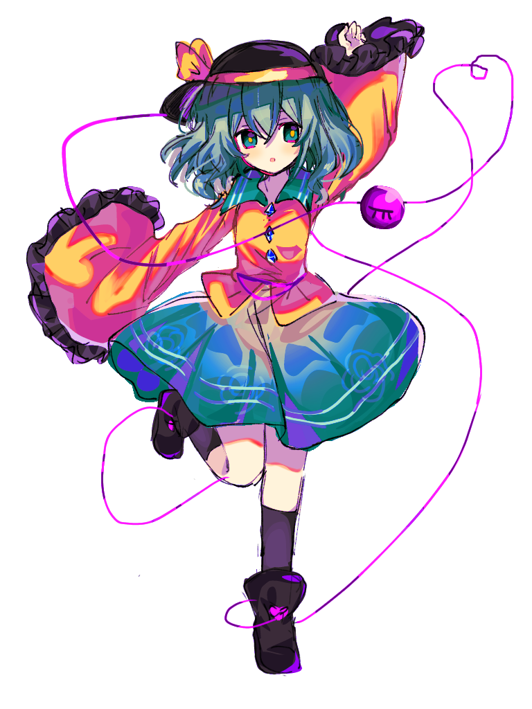 1girl arm_up black_boots black_hat black_socks boots bright_pupils chinese_commentary collared_shirt commentary_request flat_chest frilled_sleeves frills green_eyes green_hair green_skirt hat hat_ribbon huangdouliuhan komeiji_koishi long_sleeves medium_hair no_nose open_mouth ribbon shirt skirt sleeves_past_wrists socks touhou yellow_pupils yellow_ribbon yellow_shirt